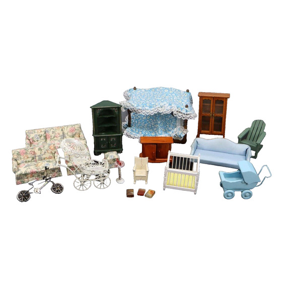 Vintage Miniature Dollhouse Furniture Bike Buggies Birdbath Books Etc. - Picture 2 of 8